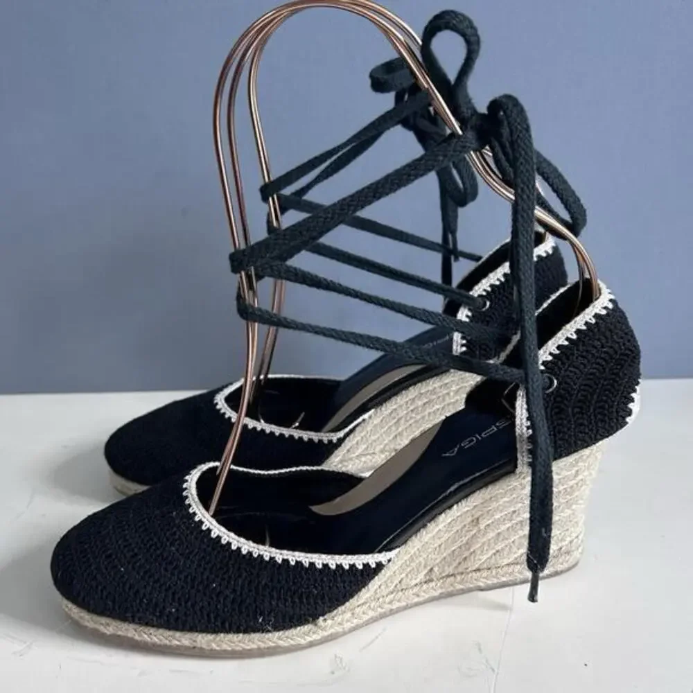 Via Spiga Wedge Sandals Sz 7 Ankle wrap Espadrilles Lenox Crochet Bohemian Siren